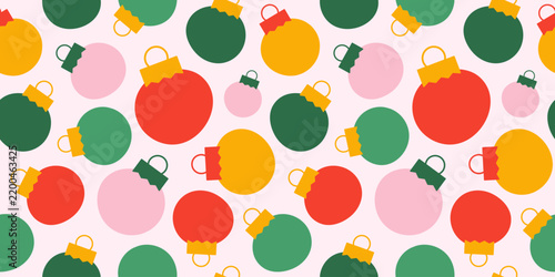 Christmas festive seamless pattern of hand drawn christmas balls. Elegant season background. Green, red, pink and yellow colors. Vector illustration