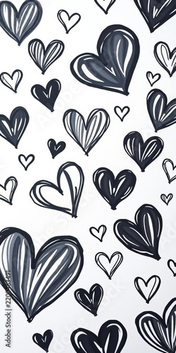 Delicate hand-drawn black hearts in various styles on a crisp white background, || whimsical, black