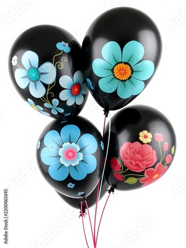 Four black balloons with different floral designs isolated on a white background, visual interest, pattern