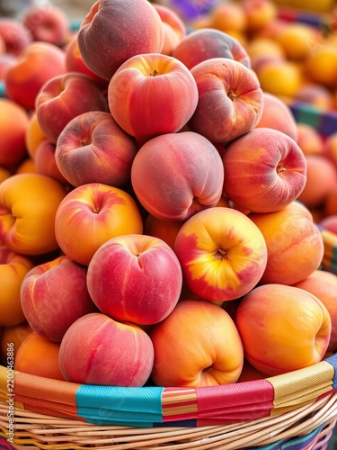 Juicy peaches stacked high in a colorful basket, ||peaches, juicy