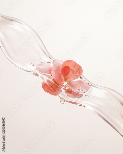 Pink flower petals emerging from translucent liquid in a beauty concept