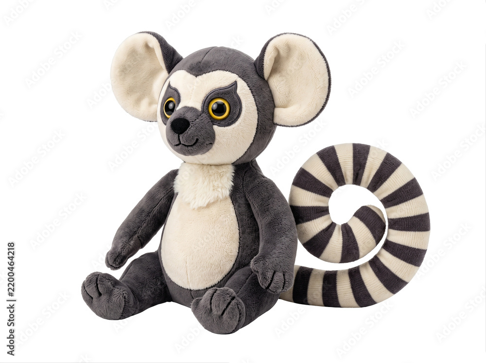 Fototapeta premium A cute plush toy ring-tailed lemur, isolated on a white background - ideal for children's product advertisements, educational materials, nursery decor, and retail visuals