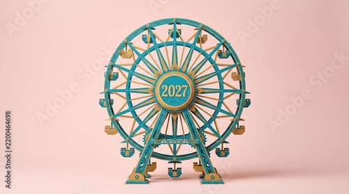 Colorful Ferris Wheel Model with Year 2027 Against Soft Pink Background