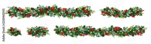 Rustic Christmas horizontal garland borders set decorated with fir branches, glowing christmas lights, and seasonal foliage. Great for winter wedding. Transparent background in vector file