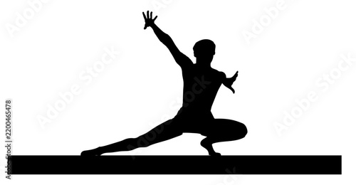 A silhouette of a female athlete performing exercises on a professional balance beam