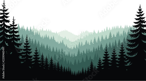 Layered misty pine forest landscape with silhouette conifer trees and distant green mountain peaks green mountains nature scenery woods vector forest background tree line