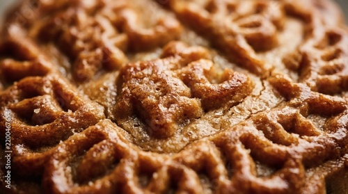 Close-up macro shot of a golden-brown traditional mooncake featuring an intricate embossed pattern and a delicate sugar glaze on its surface.