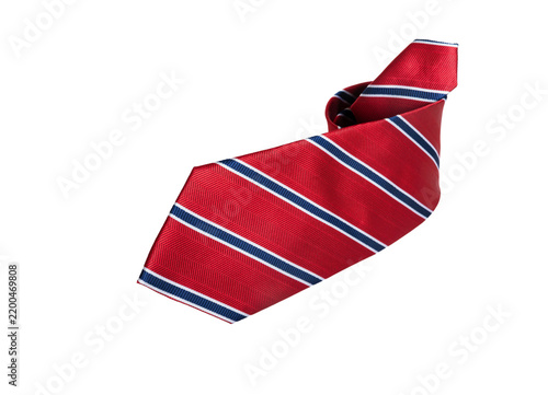 Luxury red necktie with blue and white stripes isolated on white background