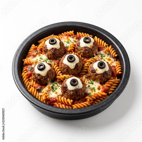 Halloween Eyeball Meatball Pasta With Fusilli Marinara Mozzarella Fresh Parsley.