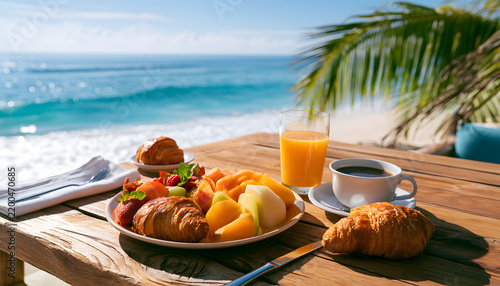 A healthful breakfast is served on a wooden table by the tropical shore. The plate features fresh fruits, pastries beside a coffee cup, along with an orange juice glass. This is a summery meal enjoyed