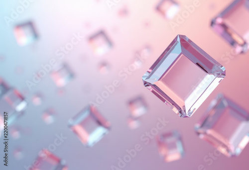 Transparent floating glass geometric shapes with soft pastel gradients, futuristic minimal luxury background, premium branding image