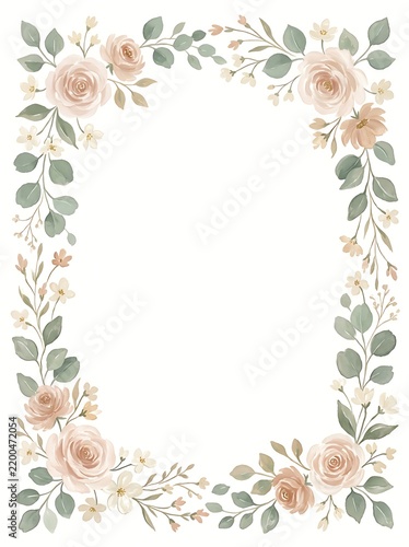 Elegant Watercolor Floral Frame with Pink Roses and Green Leaves for Wedding Invitation Design and Greeting Card Background