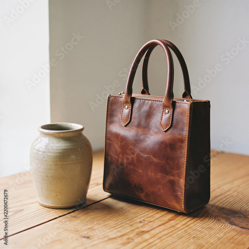 Vintage chestnut brown leather tote bag with patina on a rustic wooden table