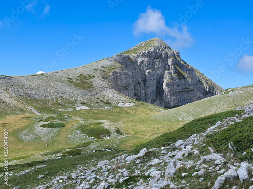 Majestic rocky peak of Monte Murolungo in the Duchessa Mountains regional park, Lazio, Italy. Beautiful mountain landscape scenery under a clear blue sky