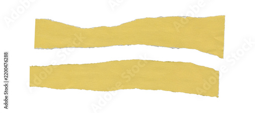 Set of two yellow torn paper strips with long horizontal shapes, rough ripped edges, slight waviness, and lightly wrinkled surfaces arranged in parallel on transparent background