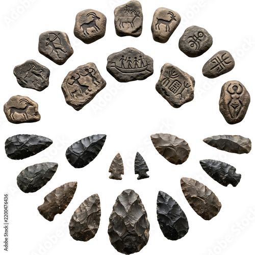Prehistoric Cave Art Stones and Primitive Flint Arrowhead Tools
