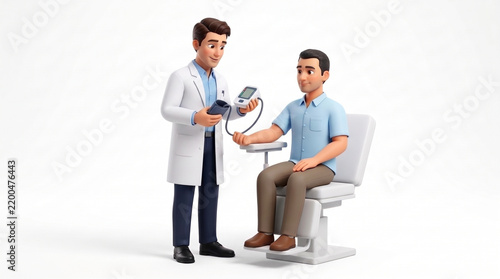 3D illustration of doctor measuring blood pressure of patient on white background