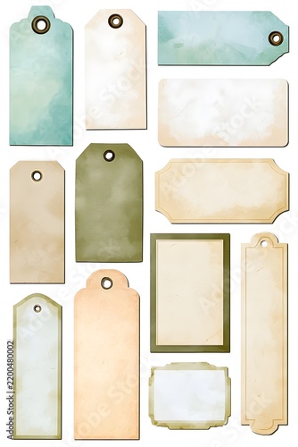 Collection of various blank labels in different shapes and colors on a plain background