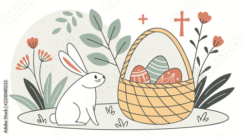 Cute Easter Bunny With Basket Of Decorated Eggs And Flowers