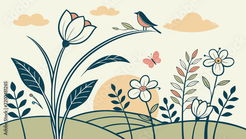 Spring Meadow Landscape with Flowers and Bird
