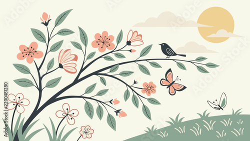 Spring Garden Illustration with Flowers Bird and Butterflies