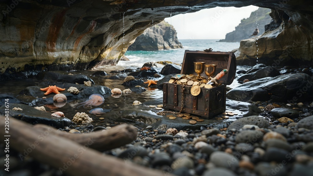 Fototapeta premium Hidden Treasure Chest on Rocky Beach Under Natural Cave Arch with Seashells and Ocean View