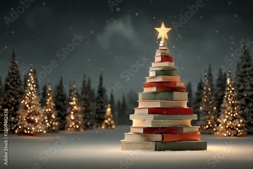 Christmas Tree Made of books on a snowy winter forest landscape. Merry Christmas and New Year greeting card background. Xmas, Reading and imagination concept