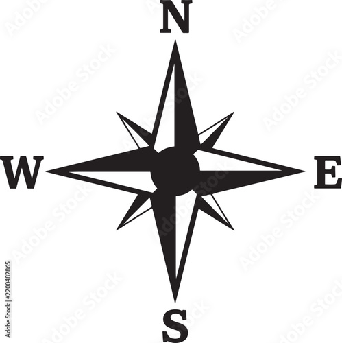Compass rose navigation icon silhouette isolated on white background for nautical and travel map design.