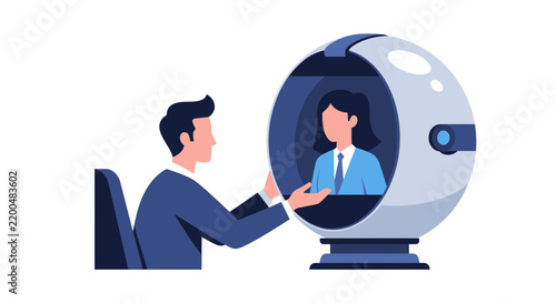 Businessman Interacting with Virtual Colleague via Futuristic Spherical Screen, Remote Work and Advanced Communication Technology Illustration