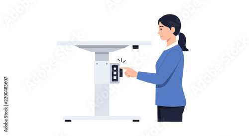 Woman Adjusting Electric Standing Desk Height for Ergonomic Workspace Illustration