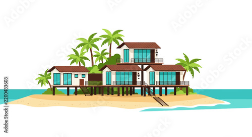 Luxury Tropical Resort Illustration with Overwater Bungalows, Private Island, Palm Trees, and Turquoise Ocean. Modern Flat Vector Design for Travel and Vacation Branding.
