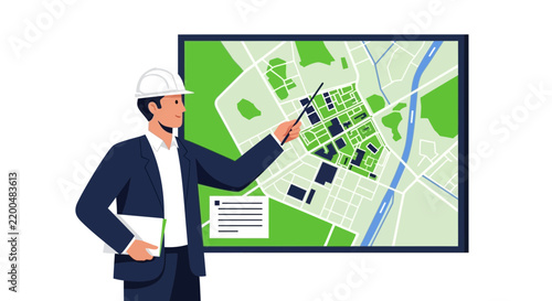 Professional Urban Planner or Architect Presenting City Development Map and Infrastructure Design on Screen