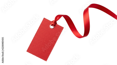 Blank red gift tag with ribbon isolated on transparent background