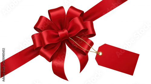 Red gift bow with blank tag isolated on transparent background
