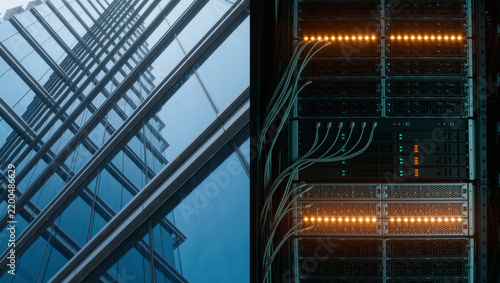 Plakat Corporate skyscraper facade and data center server room split screen