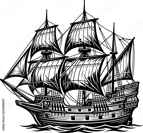 Fotografía Ship silhouette vector illustration of a historic sailing galleon with detailed