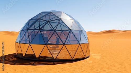 Ergonomic Glass Co-Working Pod Isolated in an Arid Desert Landscape