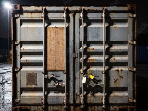 Konstfotografi Rusty shipping container doors with blank panel and seal tag