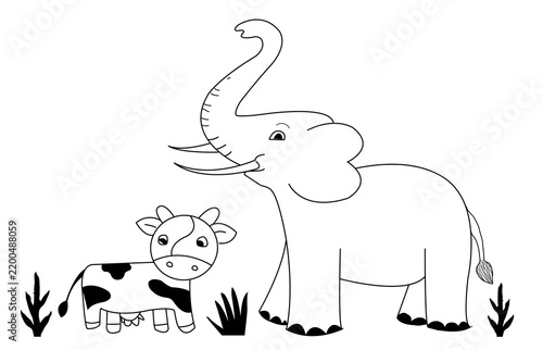 Cute cartoon elephant and cow line art coloring page vector illustration