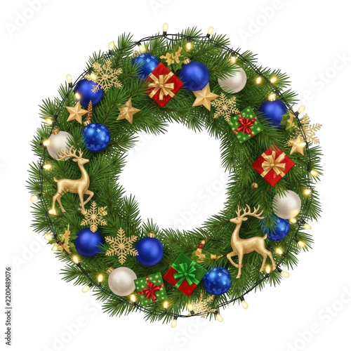 Colorful christmas wreath with red bow and pine cones