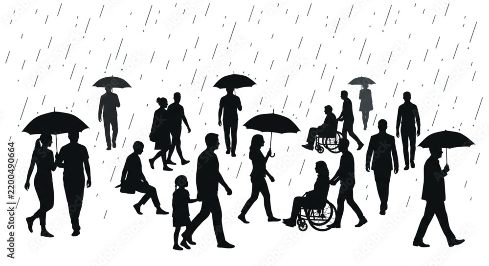 Obraz premium Diverse group of pedestrians walking in rain with umbrellas and mobility aids on urban sidewalk