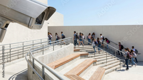 Security camera overlooking concrete stairway and diverse student group walking through modern public building
