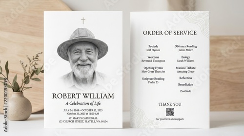 Elegant Minimalist Funeral Program Template with Portrait of Elderly Man for Celebration of Life Service