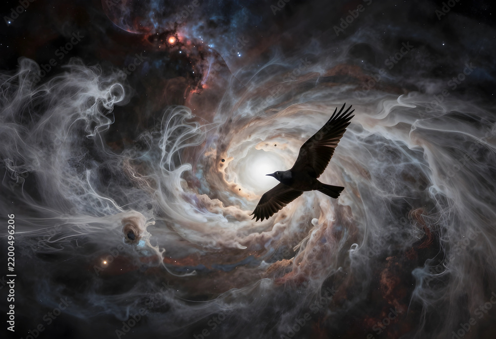 Obraz premium Cosmic exploration and spiritual freedom, black bird flying through a swirling nebula and deep space galaxy with glowing stars and interstellar dust