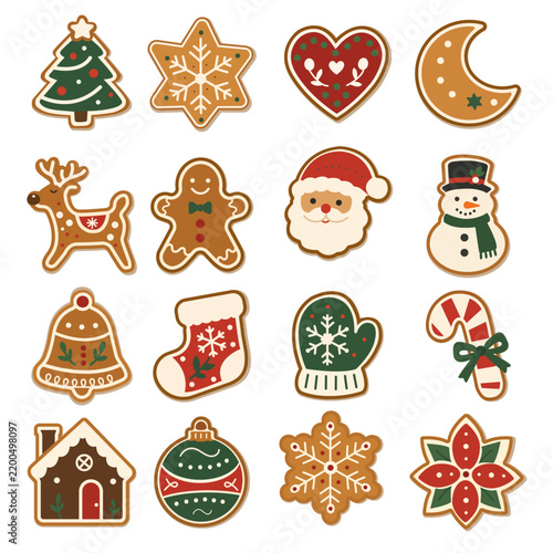 Set of Christmas gingerbread cookies with holiday symbols including snowflakes, Santa, reindeer, ornaments and candy cane.
