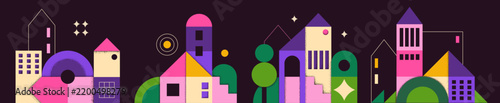 Geometric houses. Abstract city shapes, minimal color kid play poster with modern design. Creative mosaic. Colorful geometric buildings, windows, trees, urban landscape. Vector poster