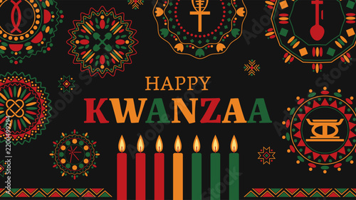 Happy Kwanzaa horizontal banner template with seven candles, traditional African Adinkra symbols, and decorative mandalas on black background