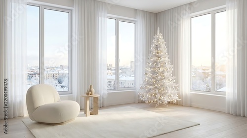 Bright and airy living room with a decorated christmas tree near large windows