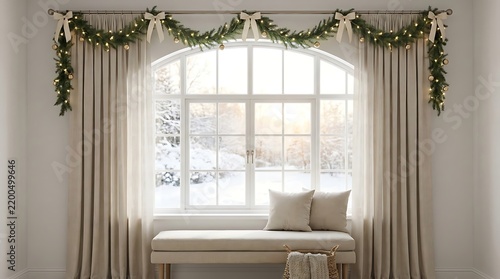 Elegant window draped with evergreen garland and flowing curtains in a cozy room