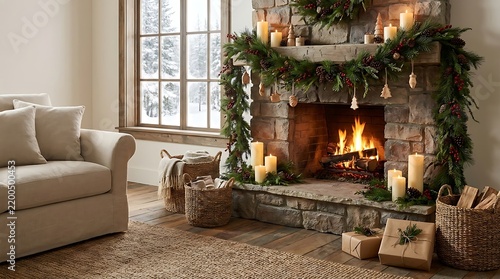 Cozy living room with a decorated fireplace and snowy winter landscape outside window